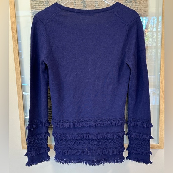 Trina Turk Sass Merino Wool Pointelle Fringe Trim Sweater Blue Small | L005 - Picture 10 of 12